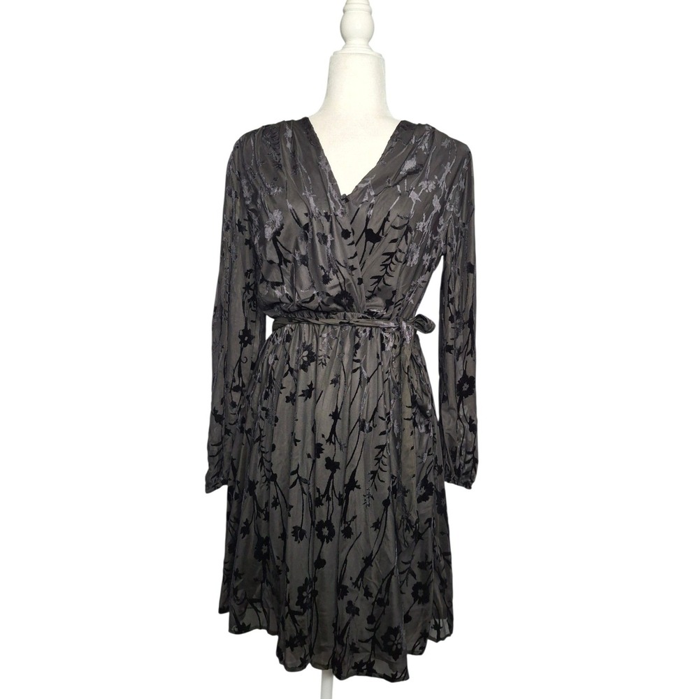 Fraiche by J Velvet Anna Burnout Floral Faux Wrap Dress Black LongSleeve NWT
